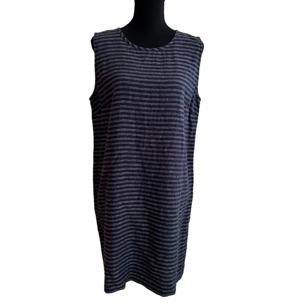 J Jill Love Linen Petite Large 100% Linen Striped Tank Shift Dress Navy Nautical